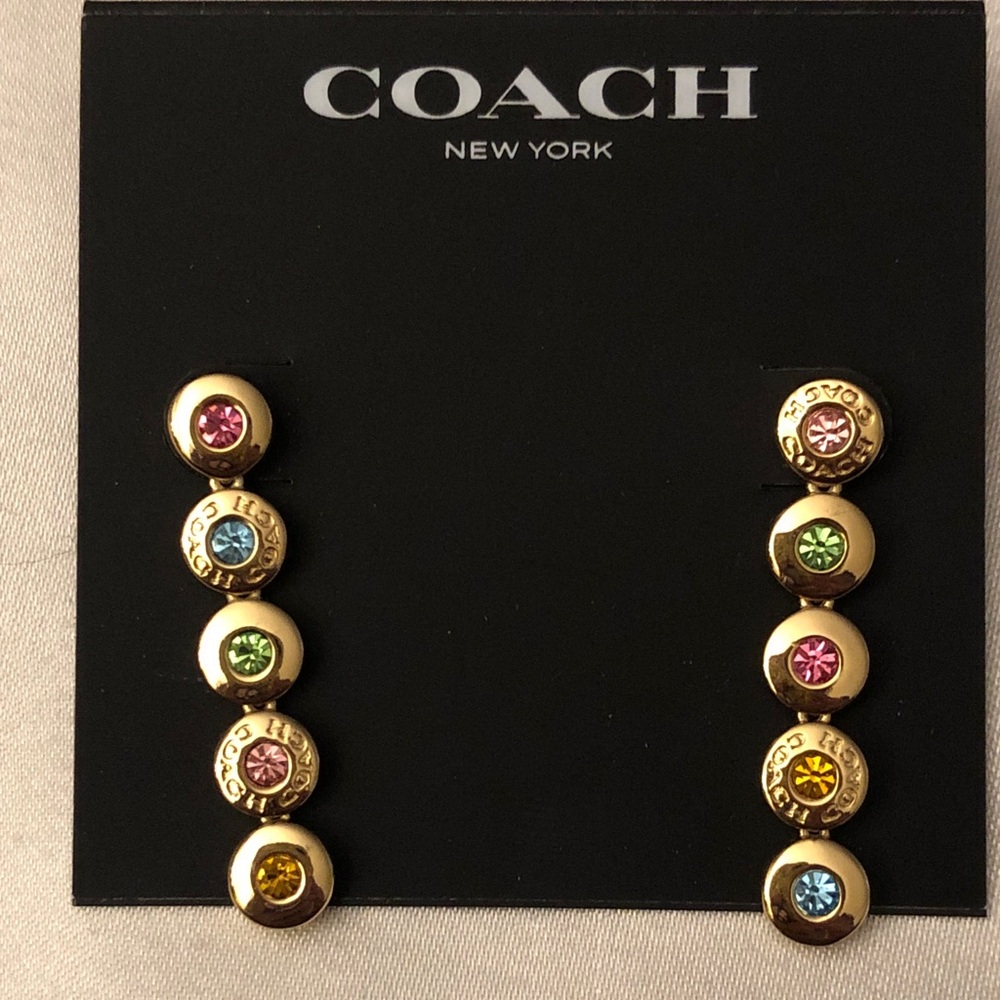 Coach Gold Tone Open Circle Linear Drop Earrings Multi Color Crystal Accents NWT